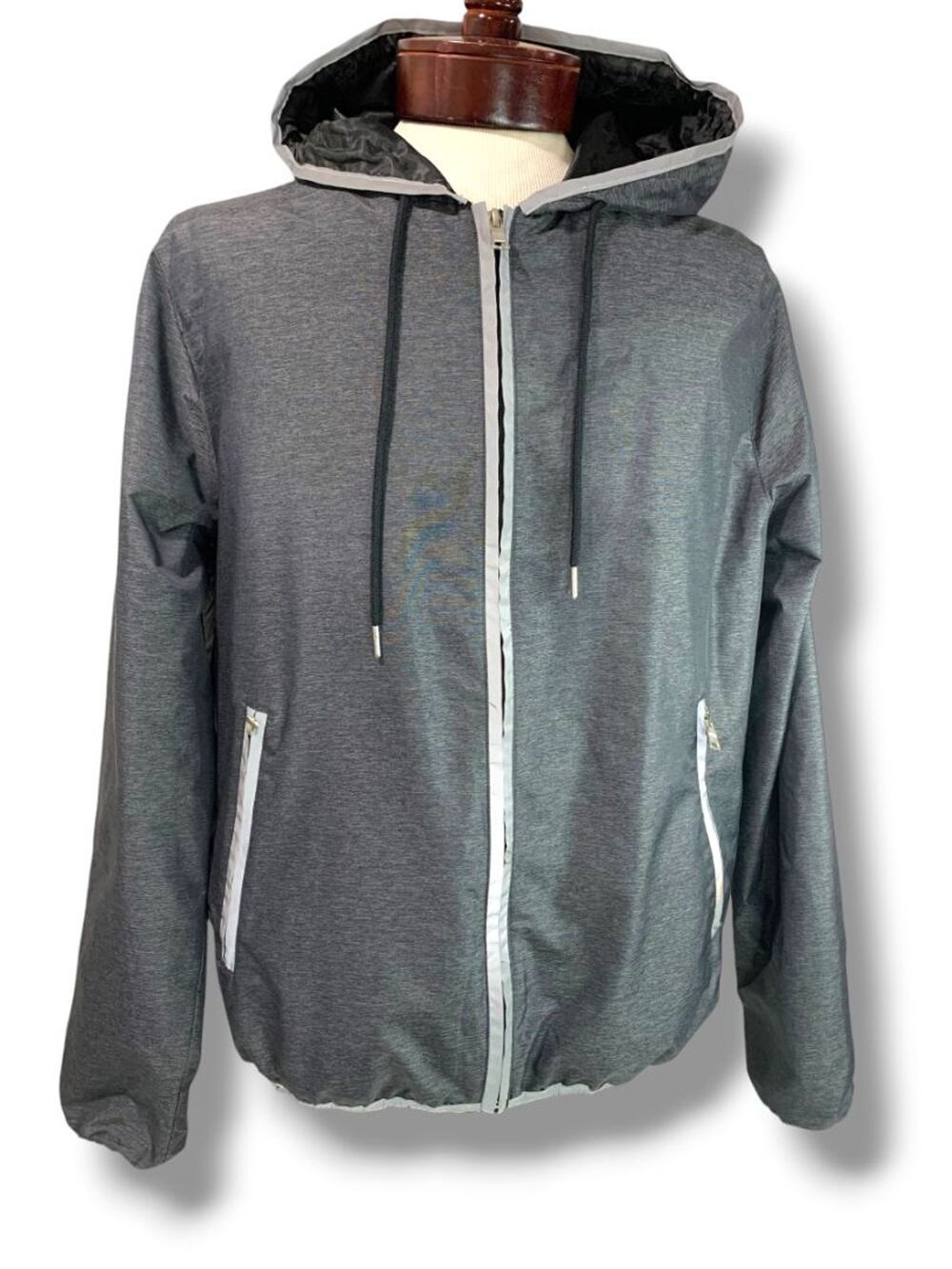 Large Forever 21 Men Gray Running Track Jacket Hooded Full Zip
